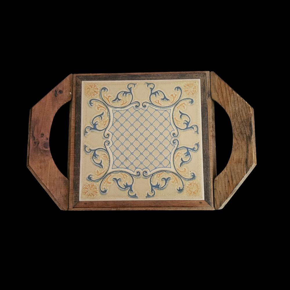 Vintage Handmade Wood & Ceramic Tile Serving Tray Rustic Cottage Decor